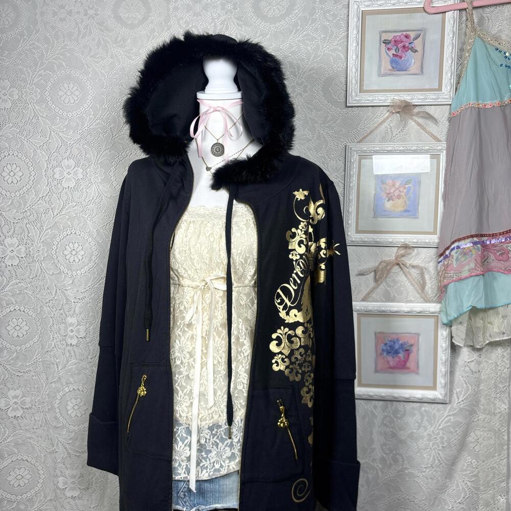 y2k dereon‎ fur hooded long zip up